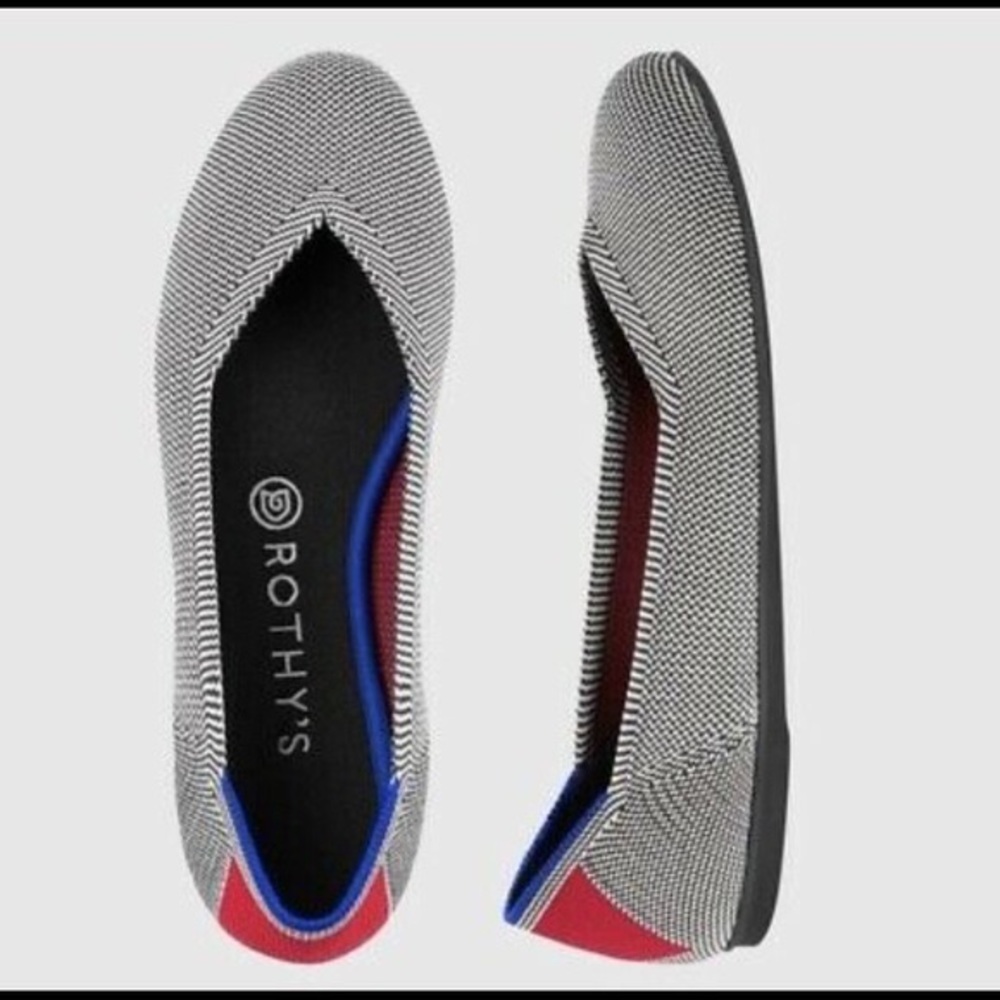 ROTHY’S “The Flat” Retired Cherry Ribbon Heel Stripe Red & Gray Flats 8